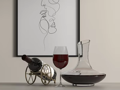 Wine Bottle On Gold Rack With Filled Glass And Decanter 3d model