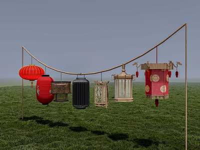 Colorful Traditional Lanterns Hanging On Rope Over Green Grass Field 3d model
