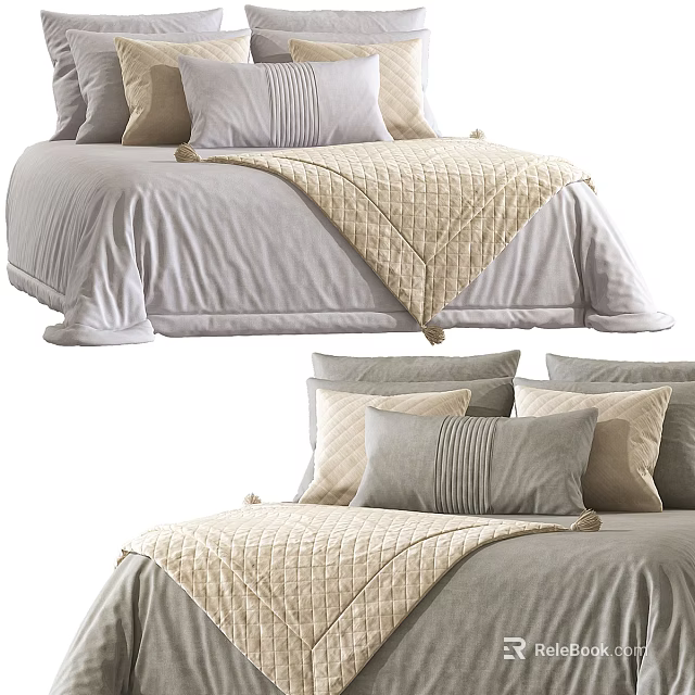 Minimalist Modern Double Bed Interior With Gray Bed Sheets Beige Pillows And Quilted Blanket 3d model 