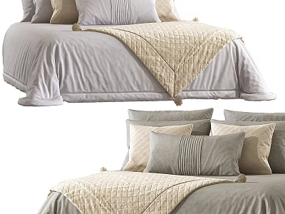 Minimalist Modern Double Bed Interior With Gray Bed Sheets Beige Pillows And Quilted Blanket 3d model