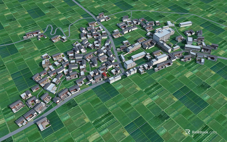 Aerial View Of Rural Village With Green Fields And Traditional Houses 3d model 