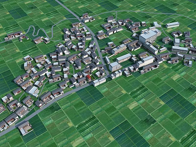 Aerial View Of Rural Village With Green Fields And Traditional Houses 3d model