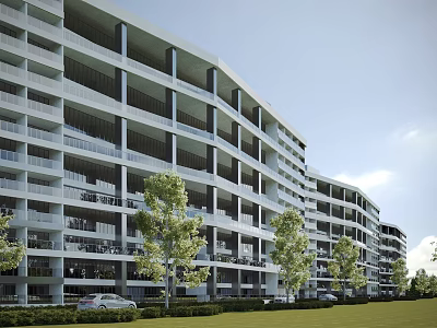Modern Curved Office Building With Glass Facade Balconies And Green Landscape 3d model