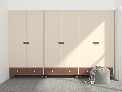 Modern Minimalist Wardrobe With Beige Doors And Brown Drawers In Interior Space 3d model