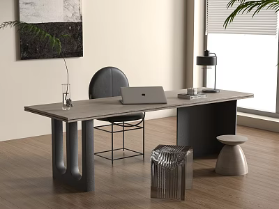 Modern Wooden Desk Interior with Laptop Table Lamp Vase Chair and Stools 3d model