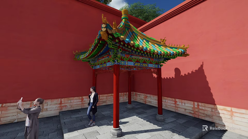 Ancient Chinese Architecture Pavilion With Colorful Roof Red Pillars And Red Walls 3d model 
