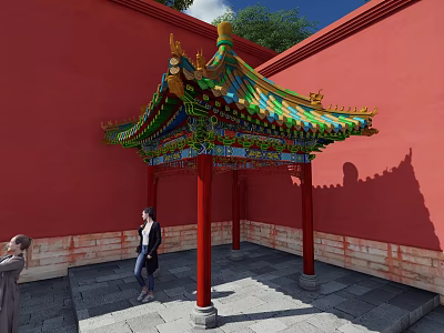 Ancient Chinese Architecture Pavilion With Colorful Roof Red Pillars And Red Walls 3d model
