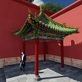 Ancient Chinese Architecture Pavilion With Colorful Roof Red Pillars And Red Walls