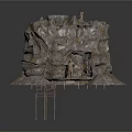 Ancient Cave Interior With Horned Statue Decorative Banners Pots Table And Shields