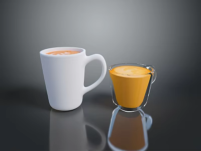 White Ceramic Mug And Transparent Glass Cup With Orange Liquid And Reflection On Dark Background 3d model