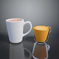 White Ceramic Mug And Transparent Glass Cup With Orange Liquid And Reflection On Dark Background
