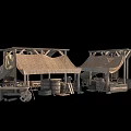 Wooden Frame Structures With Canvas Canopies And Outdoor Tables Chairs Setup