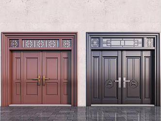 Zinc Alloy Villa Door New Chinese Style Imitation Copper Door Four-opening Glass Door Four-opening Door 3d model