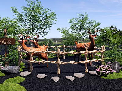 Park Landscape with Deer Rope Fence Stepping Stones Green Trees and Pink Flowers 3d model