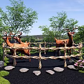 Park Landscape with Deer Rope Fence Stepping Stones Green Trees and Pink Flowers