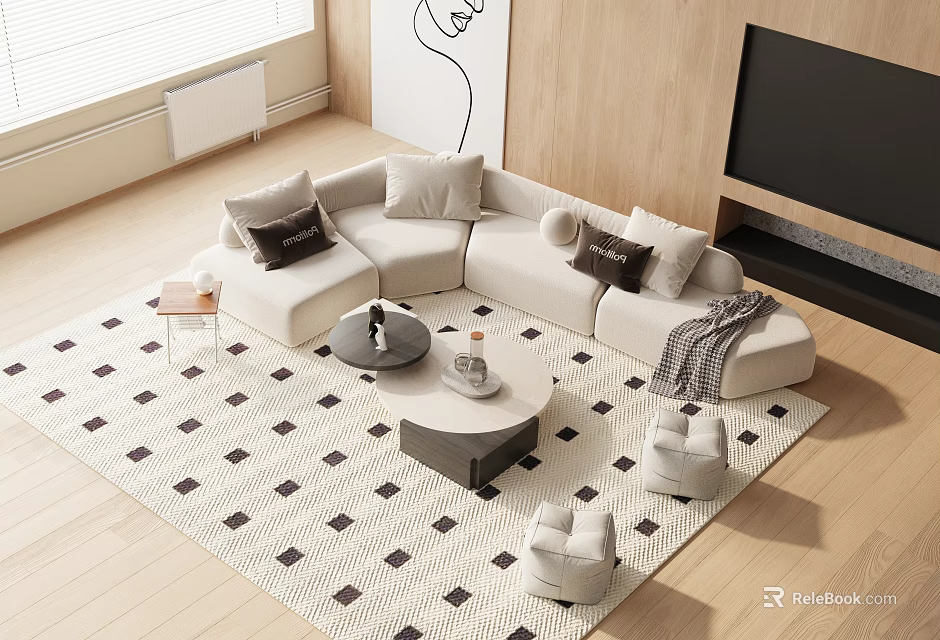 Modern L shaped Sofa And Coffee Table Set With Pillows On Geometric Rug 3d model