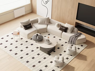Modern L shaped Sofa And Coffee Table Set With Pillows On Geometric Rug 3d model