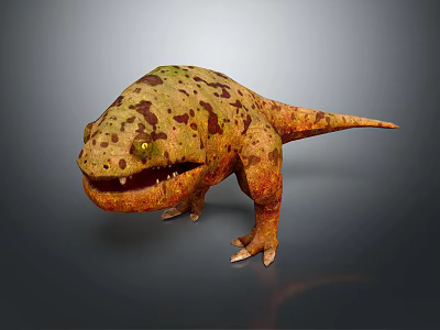 3D Prehistoric Amphibian Character with Green Brown Spotted Skin Open Mouth Sharp Teeth 3d model