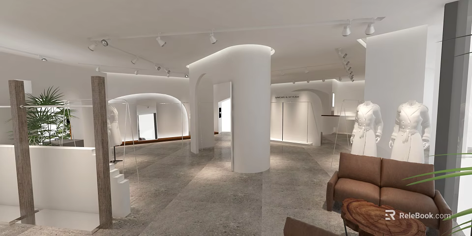 Modern Clothing Store Interior Design With Mannequins Display And Comfortable Seating 3d model 