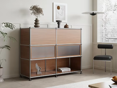 Modern Sleek Console Cabinet With Glass Doors Wooden Panels And Open Shelves 3d model