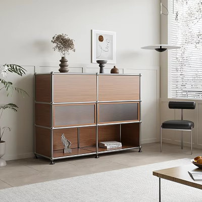 Modern Sleek Console Cabinet With Glass Doors Wooden Panels And Open Shelves 3d model