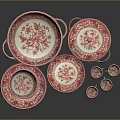 Red and White Floral Pattern Dinnerware Set With Plates Bowls Cups and Trays 3d model