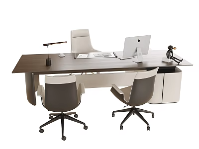 Modern Office Desk Setup With Ergonomic Chairs Laptop Desk Lamp And Storage Cabinet 3d model