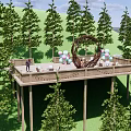 Park Landscape with Wooden Deck Heart Shaped Woven Arch Colorful Balloons and People Gathering
