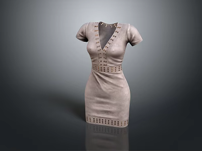 Light Beige V Neck Short Sleeve Dress With Studded Waist And Hem Detailing 3d model