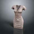 Light Beige V Neck Short Sleeve Dress With Studded Waist And Hem Detailing