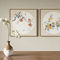 Two Framed Botanical Paintings With Floral And Bird Elements For Interior Wall Decor