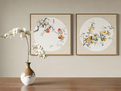 Two Framed Botanical Paintings With Floral And Bird Elements For Interior Wall Decor 3d model