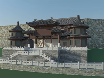 Traditional Ancient Chinese Architecture with Overhanging Eaves Tiled Roofs and Stone Balustrades 3d model