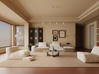 Modern Living Room Interior With White Sofa Armchairs Wooden Floor Framed Artworks And Floor Lamp 3d model