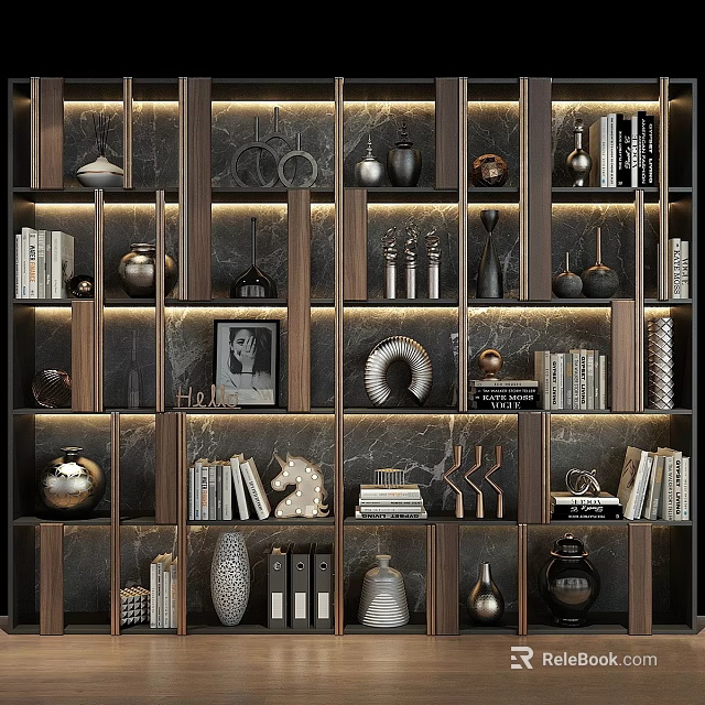 Modern Wooden Shelf Unit With Decorative Items Books Art Pieces And Built in Lighting 3d model 