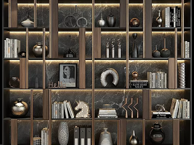 Modern Wooden Shelf Unit With Decorative Items Books Art Pieces And Built in Lighting 3d model