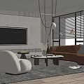 Modern Living Room Interior With Brown L Shaped Sofa White Chair TV Blinds And Chandelier