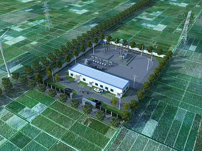 Modern Industrial Factory Building Surrounded By Green Trees Road Power Equipment And Parking Area 3d model