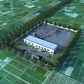 Modern Industrial Factory Building Surrounded By Green Trees Road Power Equipment And Parking Area