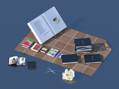 Open Books Stacked Magazines On Grid Pattern Desk With Scissors And Flower 3d model