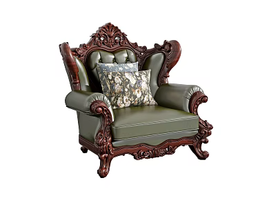 Classic Single Sofa With Carved Wooden Frame Green Leather And Floral Pillow 3d model