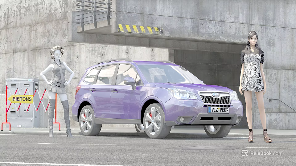 Modern Purple SUV Car Parked By Concrete Building With Warning Stripes And Female Models 3d model 