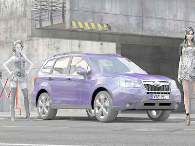 Modern Purple SUV Car Parked By Concrete Building With Warning Stripes And Female Models 3d model