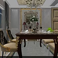 Classic Luxurious Dining Table Set with Beige Chairs Golden Accents Chandelier and Elegant Wall Decor