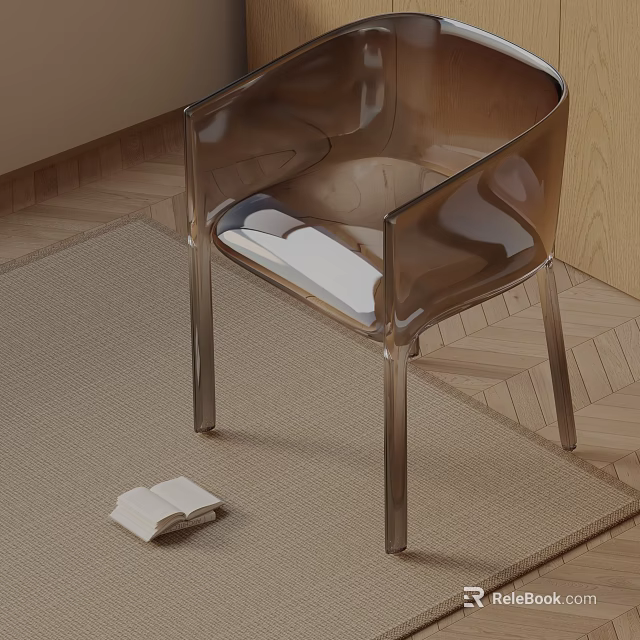 Transparent Acrylic Dining Chair On Woven Rug With Open Book And Wooden Floor 3d model 