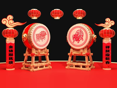 Chinese New Year Traditional Decorations With Red Lanterns Drums And Couplets 3d model