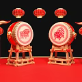Chinese New Year Traditional Decorations With Red Lanterns Drums And Couplets