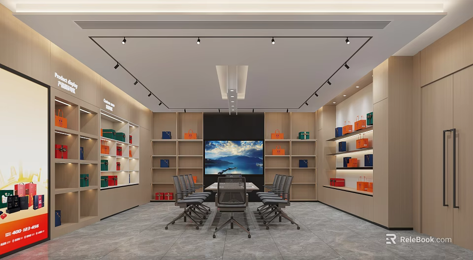 Modern Conference Room Interior With Large Screen TV Shelves Colorful Items And Spotlights 3d model 