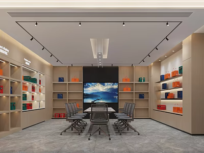 Modern Conference Room Interior With Large Screen TV Shelves Colorful Items And Spotlights 3d model