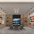 Modern Conference Room Interior With Large Screen TV Shelves Colorful Items And Spotlights